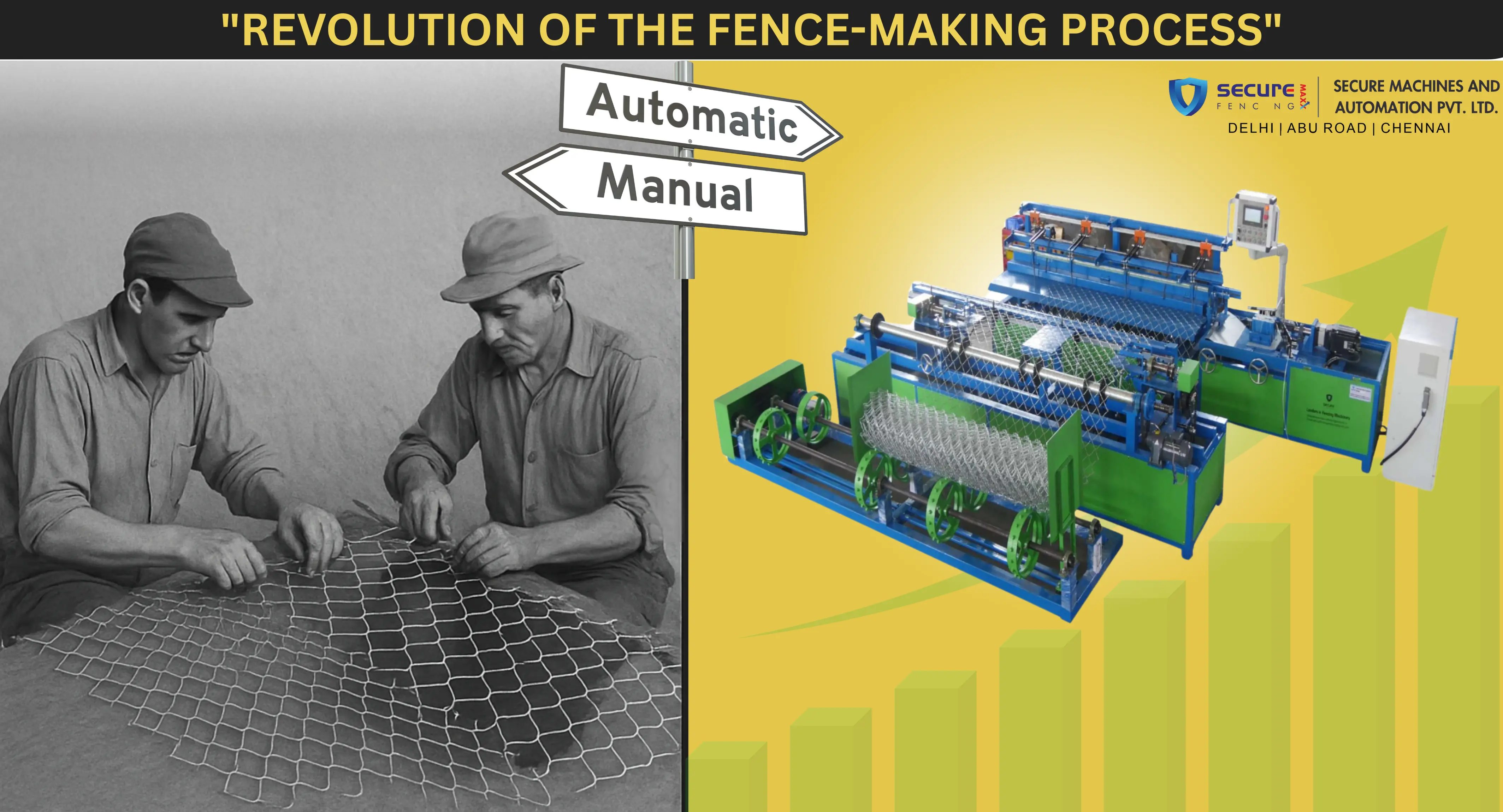 From manual chain-link weaving to advanced automatic fencing machine by Secure Fencing Maxx, showcasing industry evolution