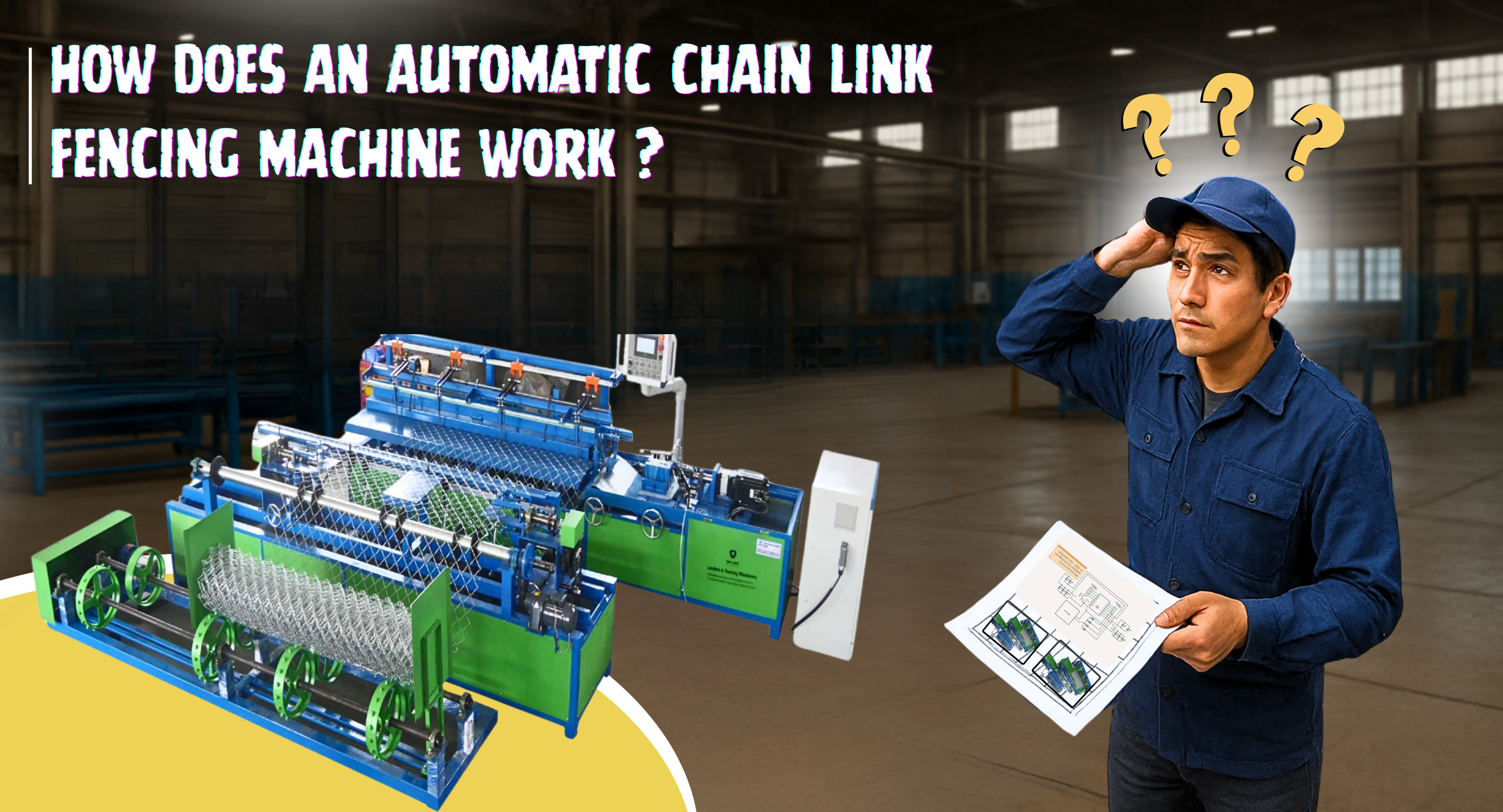 Confused worker unsure how automatic chain link fencing machine works in factory