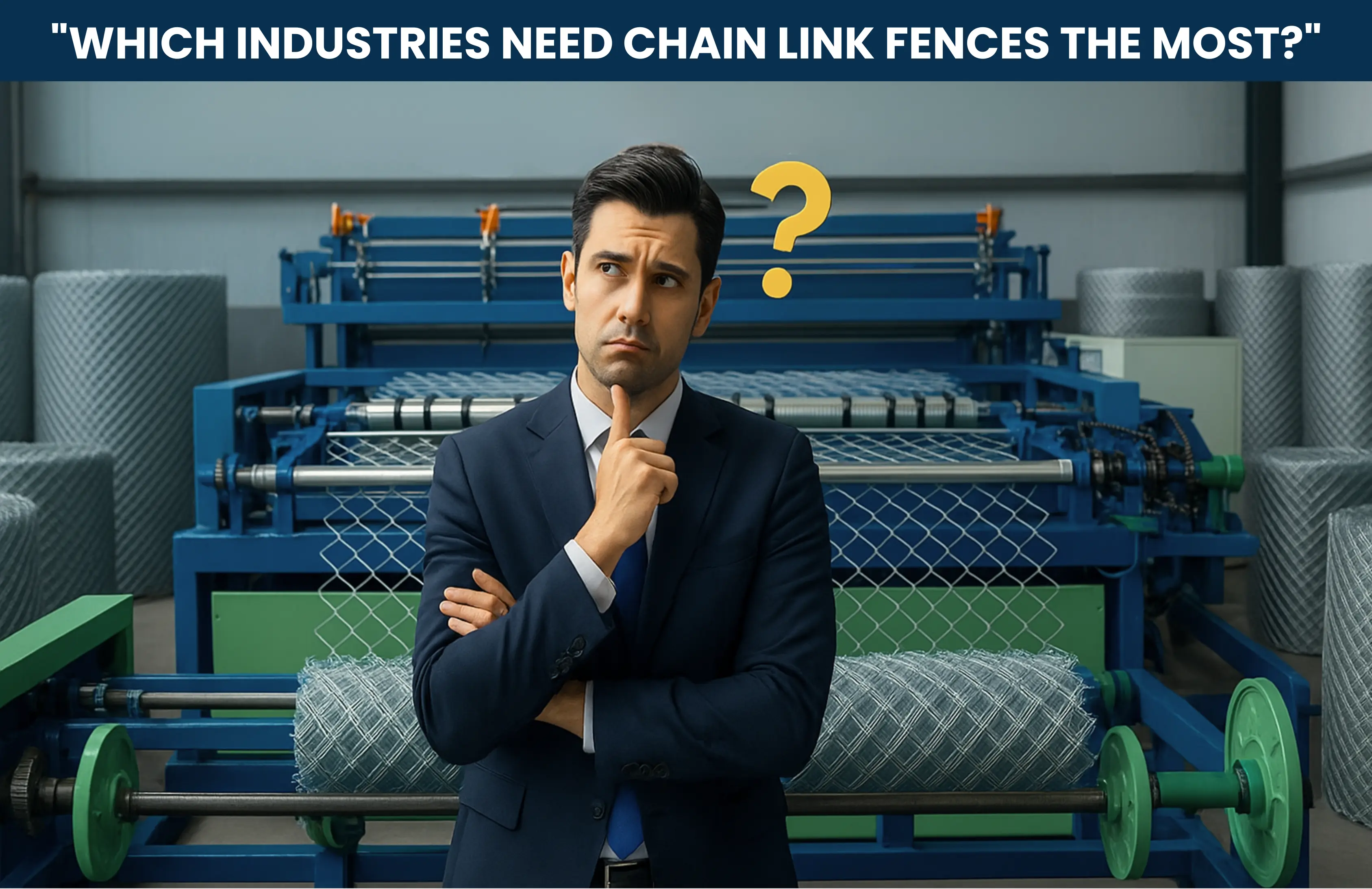 Confused businessman in front of a chain link fencing machine, thinking about industries where fences are used.