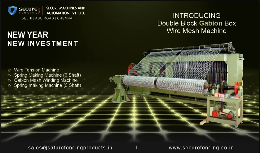 Double Block Gabion Box Wire Mesh Machine with green and black grid background, used for high-strength mesh production
